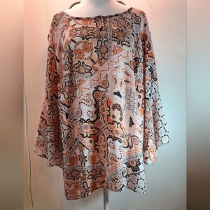 25-1-363 ZAC & RACHEL Orange and Black Paisley Shirt w/ bell sleeves EUC